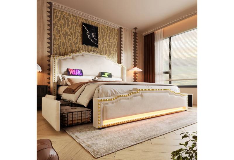 TavilaEcon Polsterbett Doppelbett mit 4 Schubladen, LED-Beleuchtung und USB-C-Ladeanschluss (1-tlg), Samt, Beige, ohne Matratze von TavilaEcon