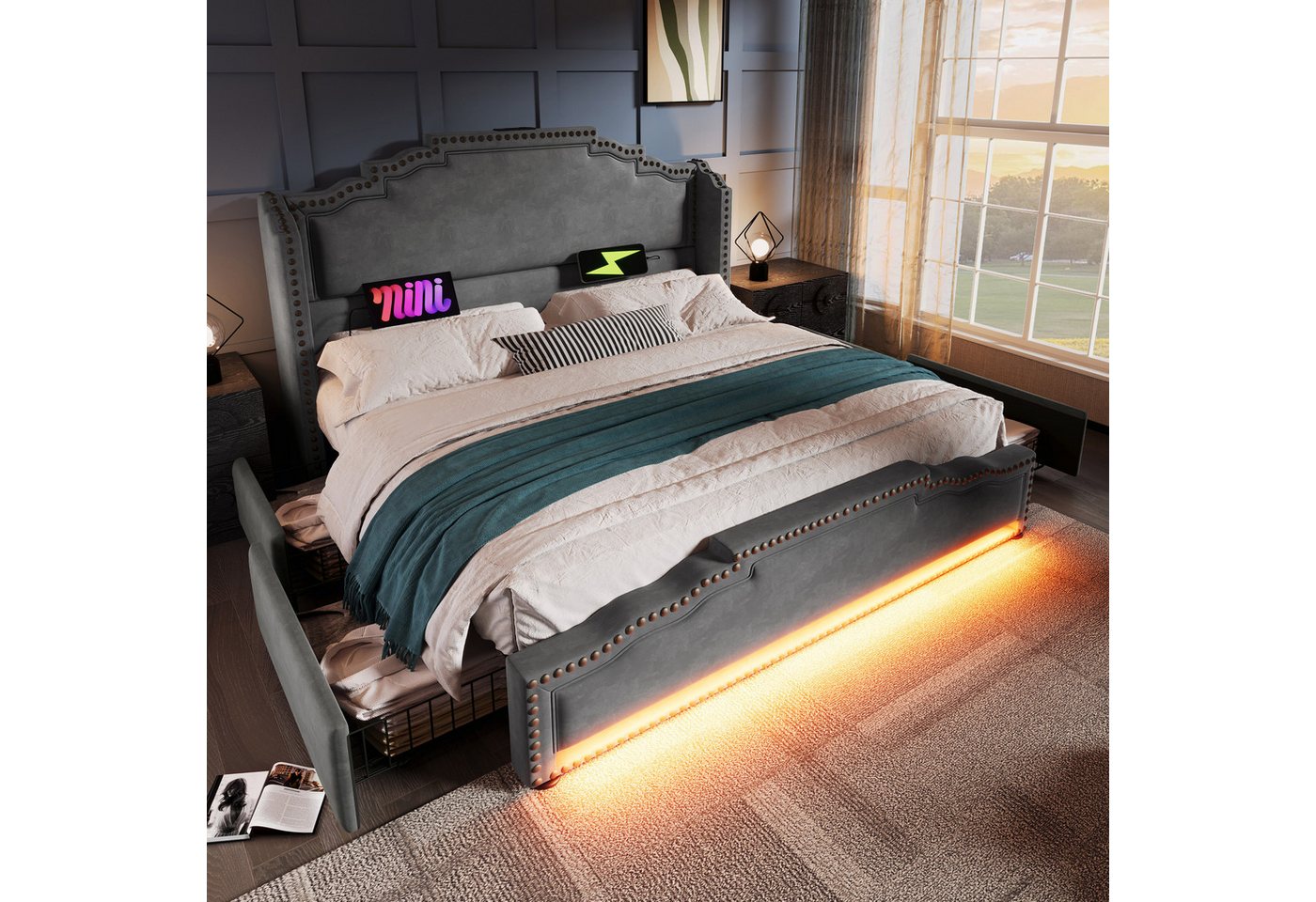 TavilaEcon Polsterbett Doppelbett mit 4 Schubladen, LED-Beleuchtung und USB-C-Ladeanschluss (1-tlg), Samt, ohne Matratze, Grau von TavilaEcon