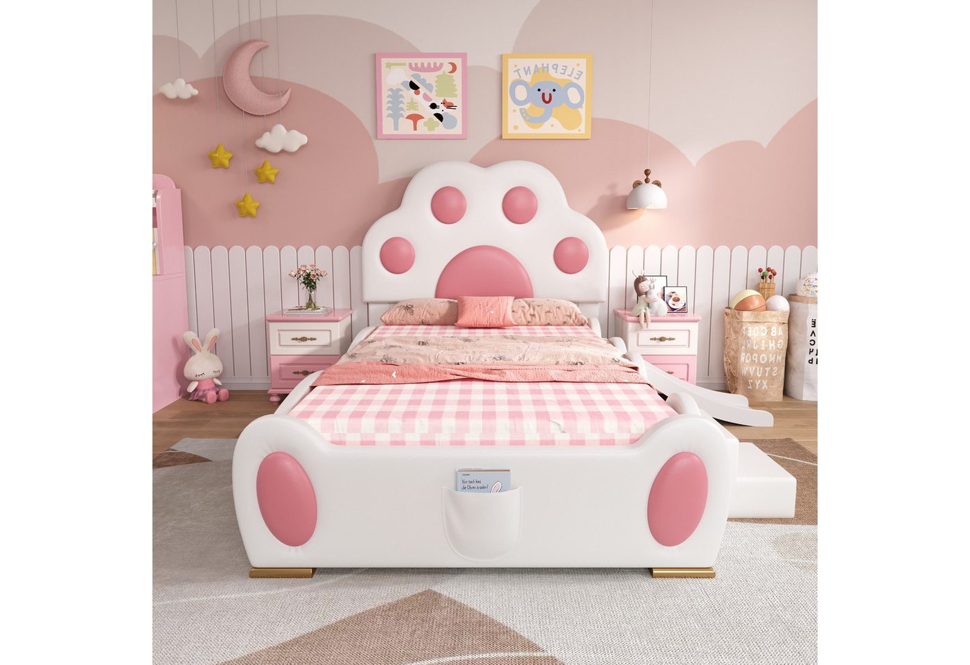 TavilaEcon Kinderbett Polsterbett, Katzenförmiges Design, 90×200cm, Rosa+Weiß (1-tlg), mit einer Kinderrutsche und einer zweistufigen Leiter von TavilaEcon