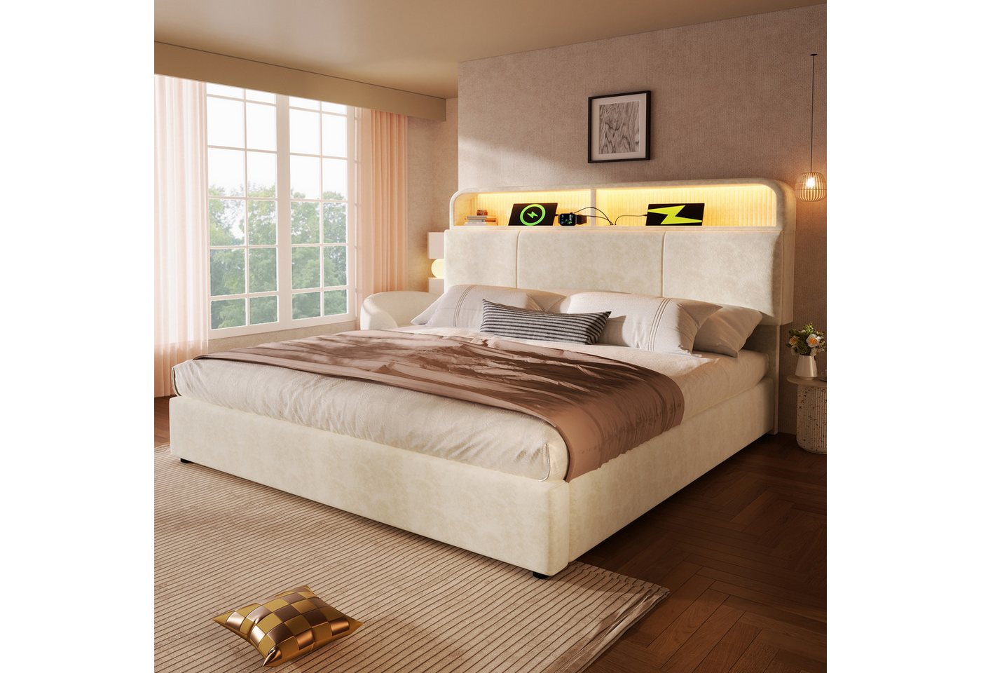 TavilaEcon Polsterbett Höhenverstellbares Bett mit LED-Beleuchtung, USB-Ladestation (1-tlg), mit großzügigem Stauraum, 140×200cm, beige von TavilaEcon