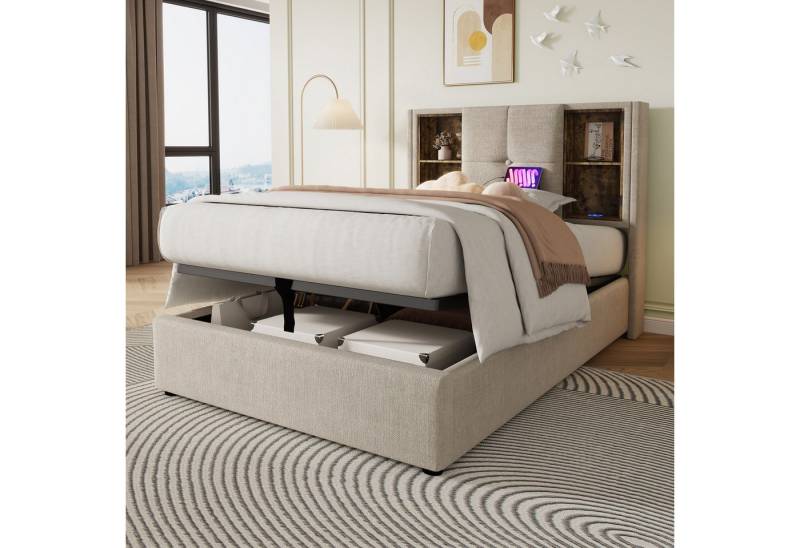 TavilaEcon Boxspringbett Polsterbett, Hydraulisch Stauraumbett mit Kabellosem Laden, mit vier offenen Ablagefächern am Kopfteil von TavilaEcon