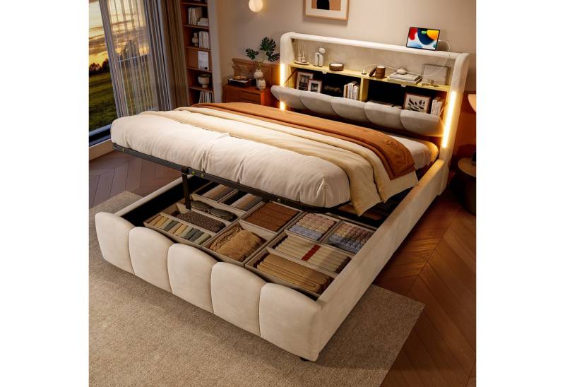 TavilaEcon Polsterbett Hydraulisches Stauraumbett mit USB- und Typ-C-Anschlüssen (1-tlg), Kopfteil mit Staufach, 140×200cm, grau/beige von TavilaEcon