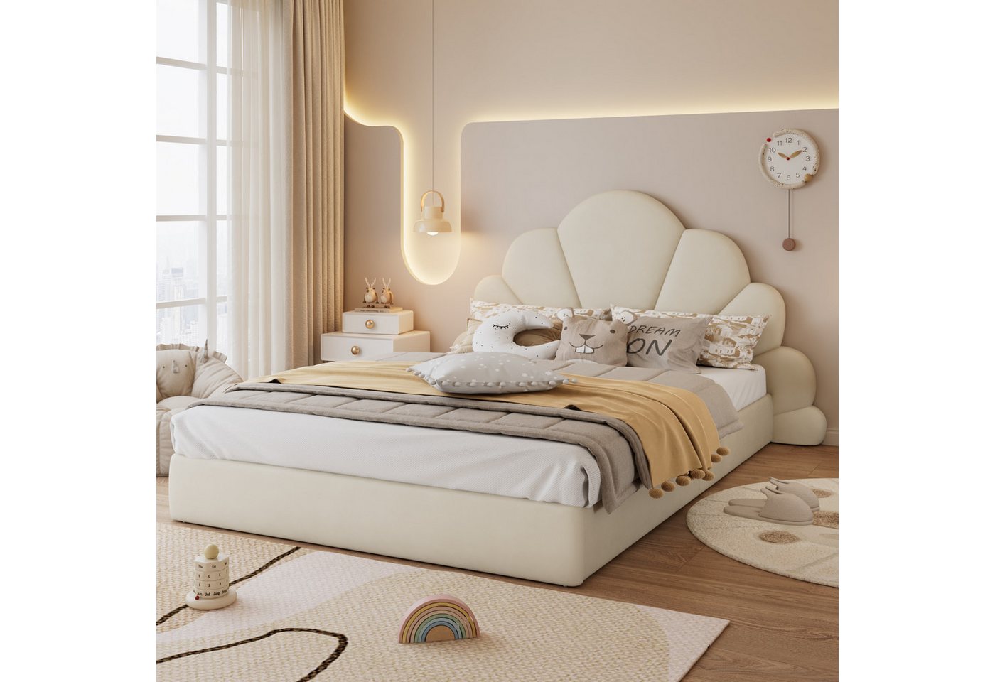 TavilaEcon Polsterbett Kopfteil mit geschwungenen Blütenblättern, Modernes Bettgestell, Doppelbett, Rutschfestes Boden, Sperrholz, Samt, 140x200cm von TavilaEcon