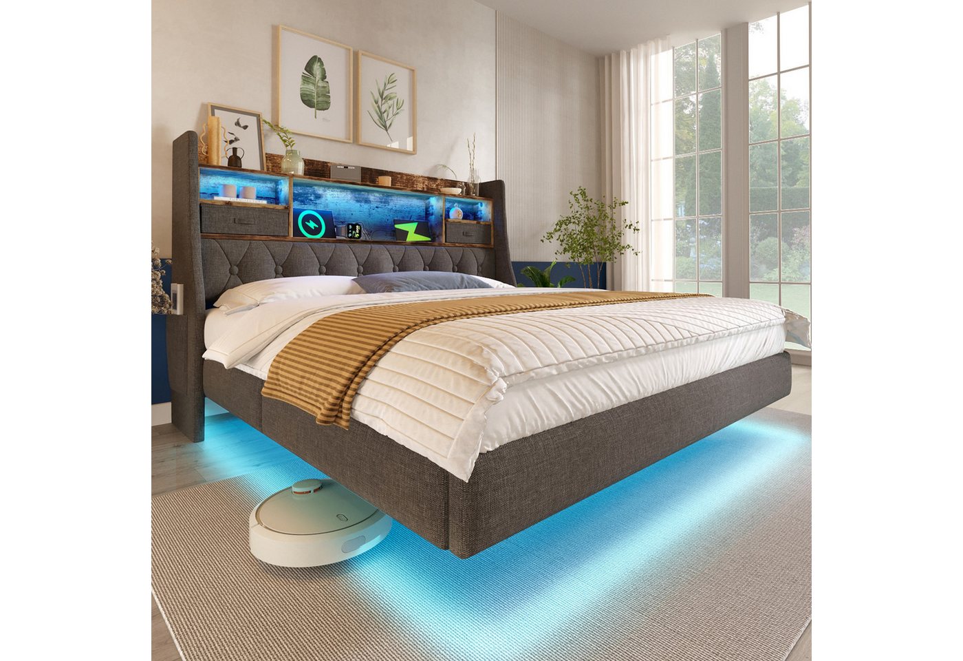 TavilaEcon Polsterbett schwebendes Bett mit LED-Beleuchtung & Ladestation (1-tlg., 1 Type-C, 3 USB-Anschlüsse), massive Lattenroste und stabile Metallbeine, 160×200cm, grau von TavilaEcon