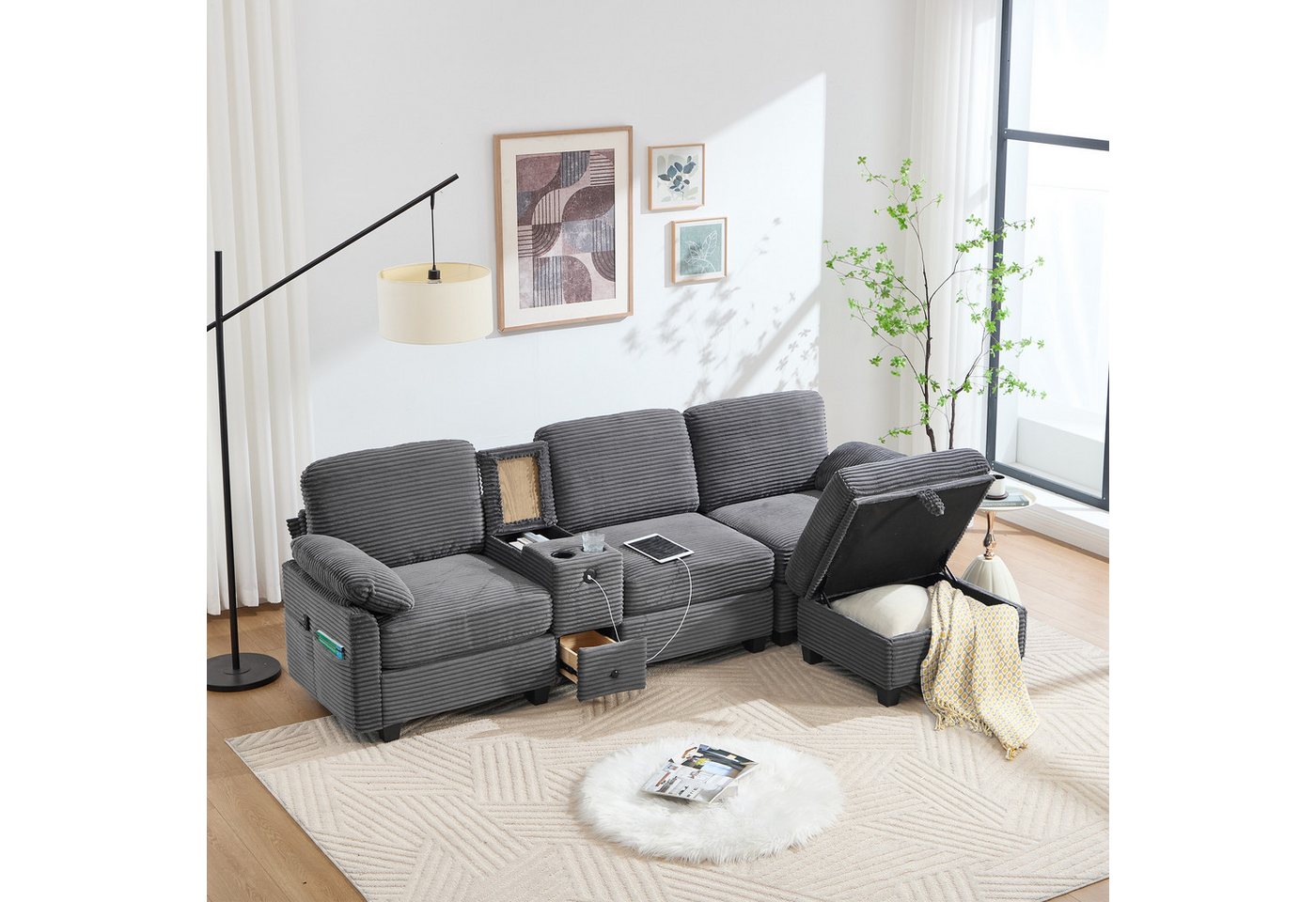 TavilaEcon Polstergarnitur Cord-Sofa mit hochdichtem Schaumstoff & Stauraum, (2-tlg), mit Stauraumhocker und USB-Type-C Anschluss von TavilaEcon