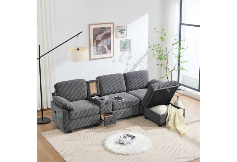 TavilaEcon Polstergarnitur Cord-Sofa mit hochdichtem Schaumstoff & Stauraum, (2-tlg), mit Stauraumhocker und USB-Type-C Anschluss von TavilaEcon