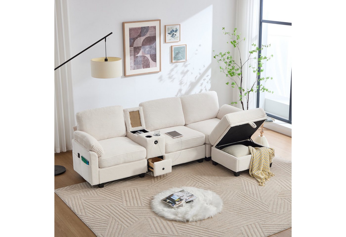 TavilaEcon Polstergarnitur Cord-Sofa mit hochdichtem Schaumstoff & Stauraum, (2-tlg), mit Stauraumhocker und USB-Type-C Anschluss von TavilaEcon