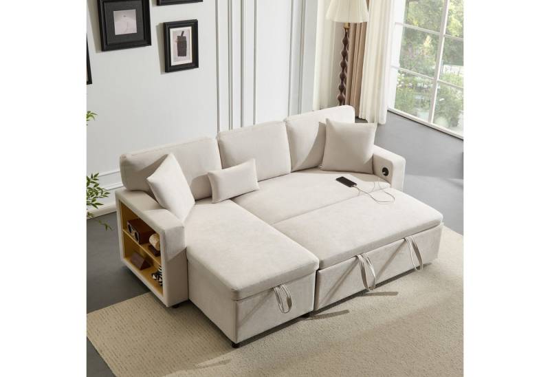TavilaEcon Schlafsofa Ausziehbar 3-Sitzer-Schlafsofa mit USB-Anschluss & integriertem Regal, 1 Teile, mit stabilem MDF-Rahmen in L-Form, beige von TavilaEcon
