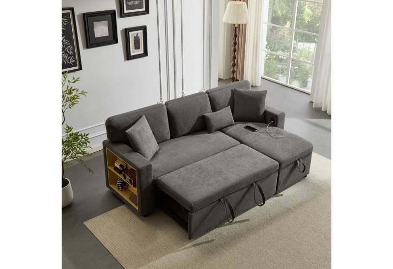 TavilaEcon Schlafsofa Ausziehbar 3-Sitzer-Schlafsofa mit USB-Anschluss & integriertem Regal, 1 Teile, mit stabilem MDF-Rahmen in L-Form, grau von TavilaEcon