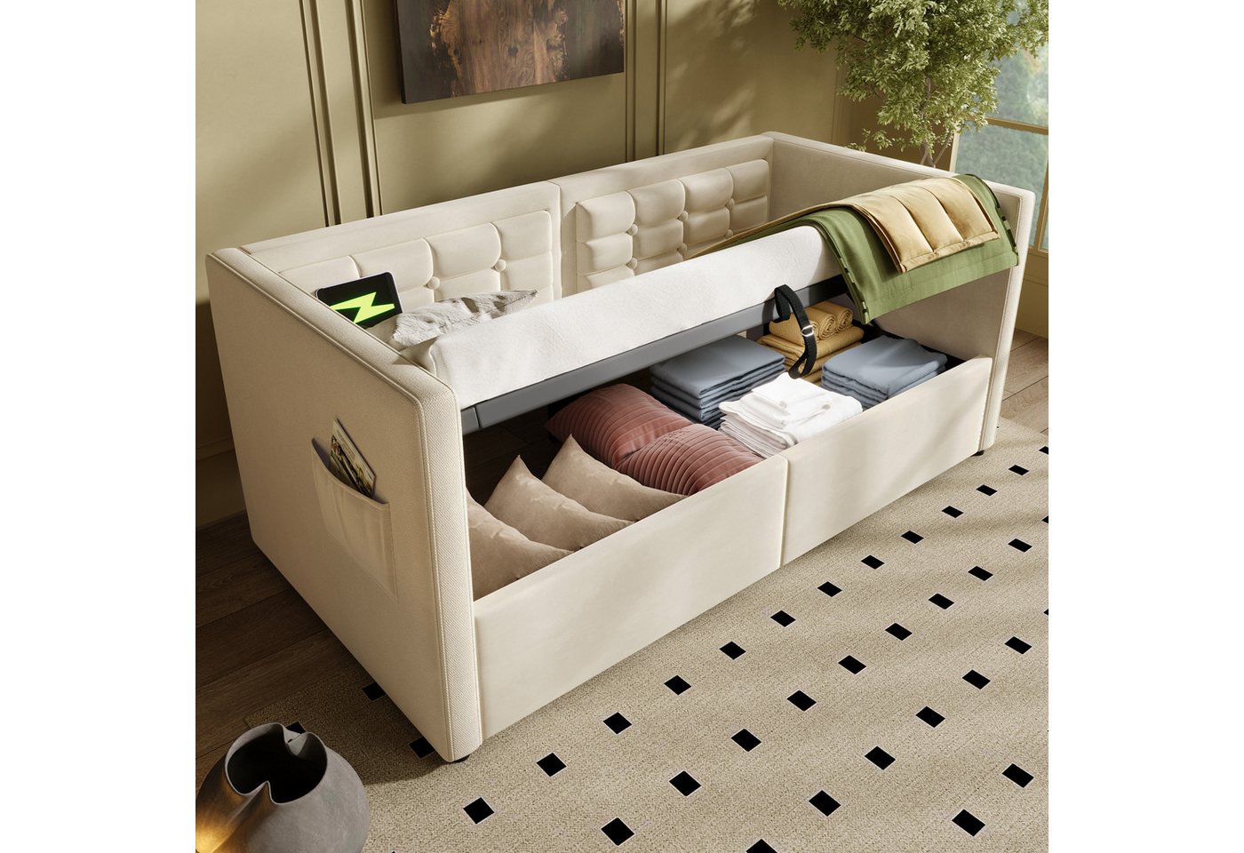 TavilaEcon Schlafsofa Einzelbett mit Hydraulischem Stauraum und USB & Type-C Ladestation, Gästebett mit Holzlattenrost, Samt, Ohne Matratze, 90x200 cm, beige von TavilaEcon