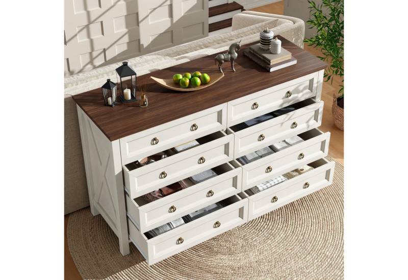 TavilaEcon Sideboard Esszimmerschrank im Vintage-Stil, mit Aluminium-Schubladengriffen, mit walnussfarbener Arbeitsplatte und 8 geräumige Schubladen von TavilaEcon
