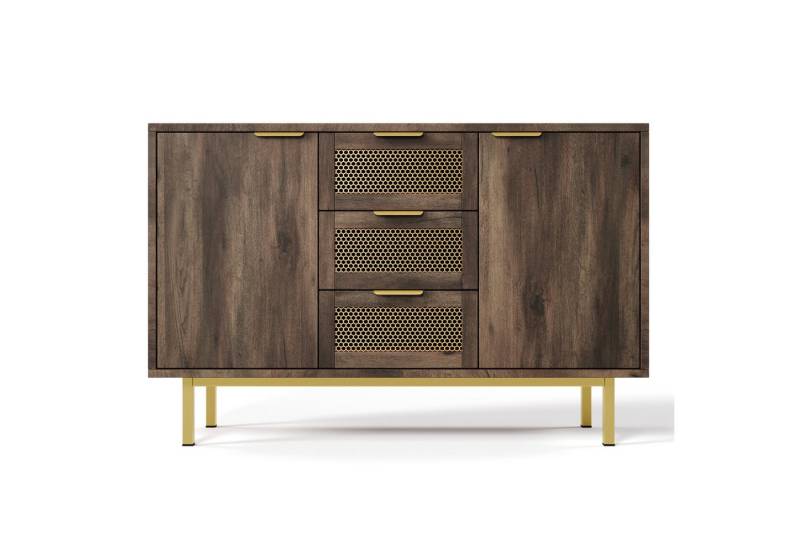 TavilaEcon Sideboard Vielseitiger Schrank mit Metallgeflecht, Dunkelbraun, 120x40x76 cm (1 St), Höhenverstellbares Bret, Holzmaserung mit 3 Schubladen/2 Türen von TavilaEcon