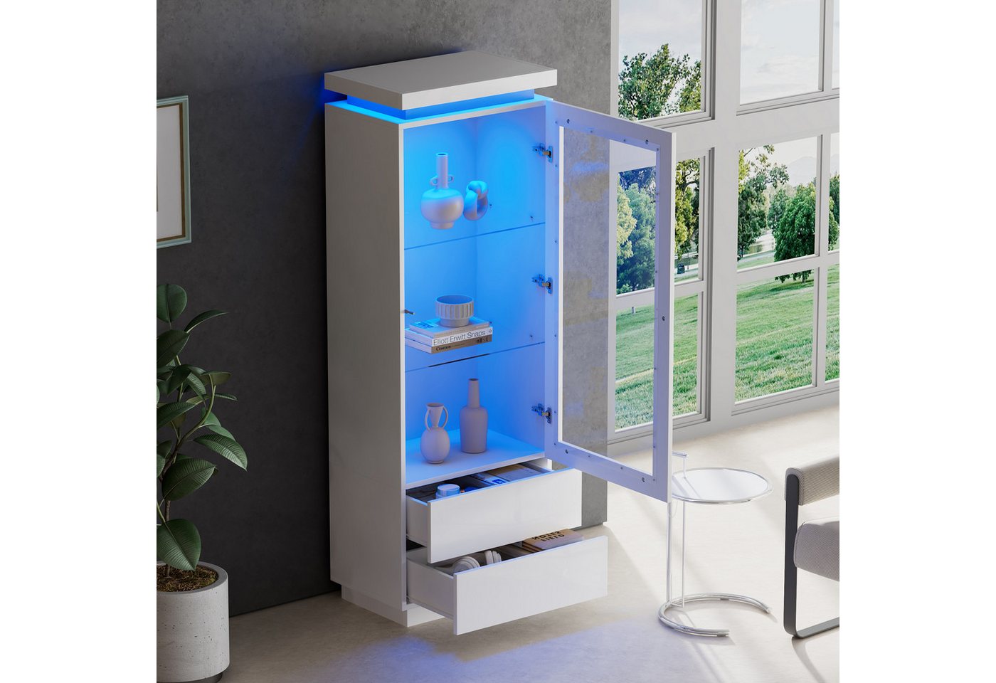 TavilaEcon Standvitrine Hochschrank, Vitrine mit 2 Schubladen, LED und Acryltür (1-St) mit 3 Fächern, 60×40×171cm, weiß von TavilaEcon