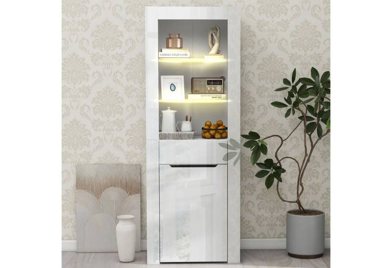 TavilaEcon Standvitrine mit 16-farbigen LED-Lichtern, Bücherschrank,2 Regale, 1 Schubladen offene Raumdesign, bequemem Schalter, 60*35.5*165cm, weiß von TavilaEcon