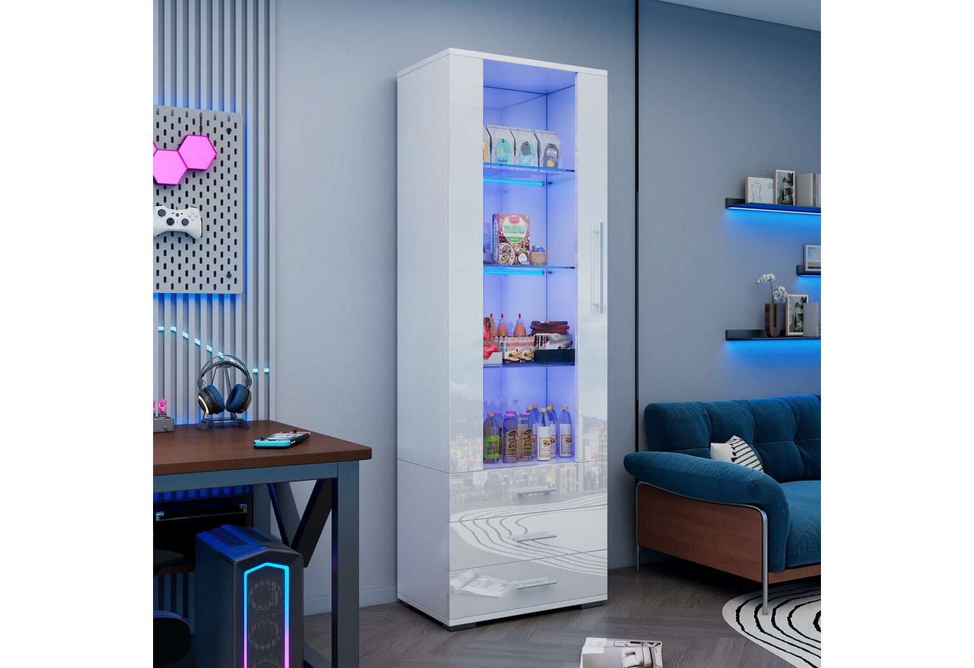 TavilaEcon Standvitrine Weiße Hochglanzvitrine, Glasvitrine, Standvitrine mit LED-Beleuchtung (1-St) mit 3 Schubladen und 1 Tür, 60 x 35 x 180 cm von TavilaEcon