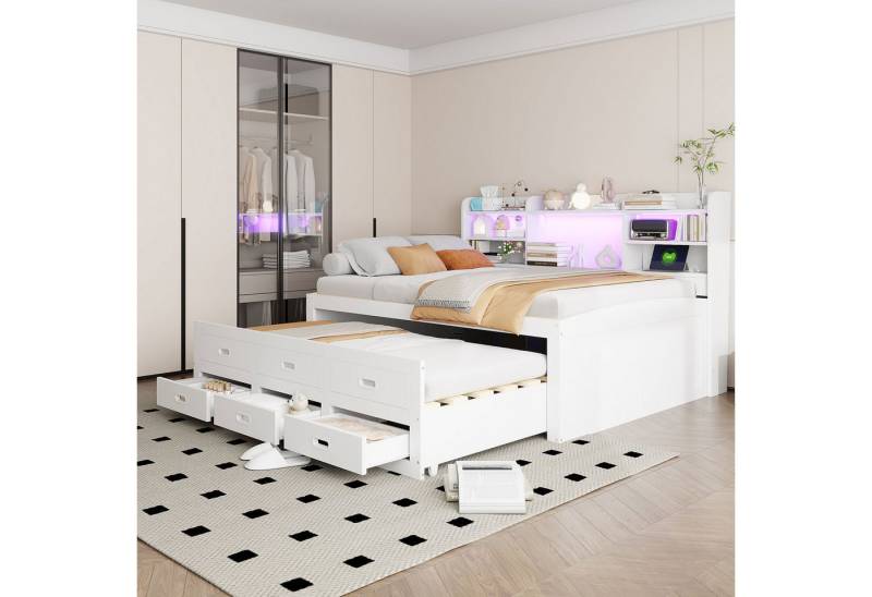 TavilaEcon Stapelbett Schlafsofa, Daybett mit LED-Lichtleiste, USB-C und 3 Schubladen, ausziehbares Multifunktionsdesign von TavilaEcon