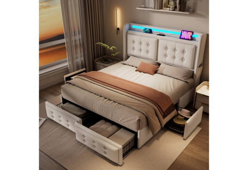 TavilaEcon Polsterbett Doppelbett mit Led-Kopfteil und USB Ladefunktion und 4 Schubladen (Ohne Matratze), mit Lattenrost aus Holz und Metallrahmen, Belastbarkeit 300 kg, beige von TavilaEcon