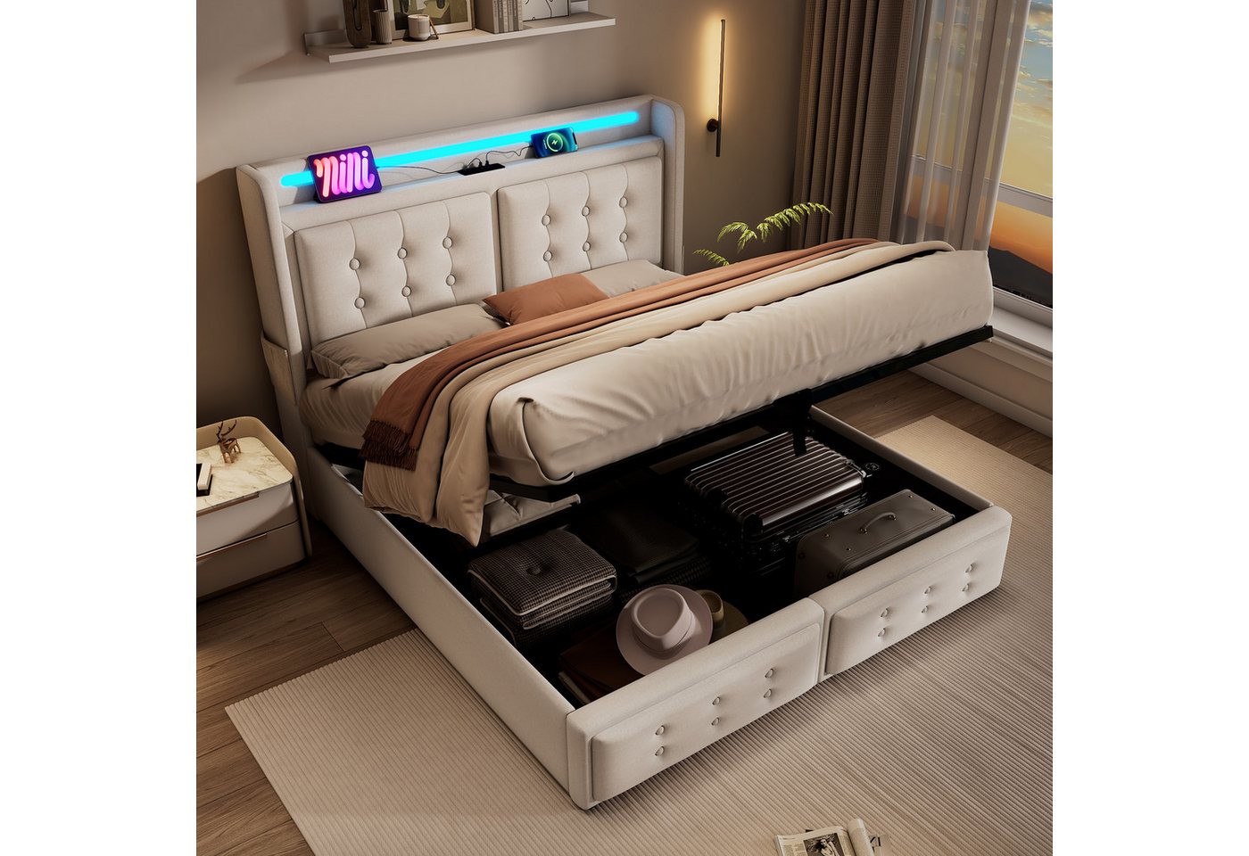 TavilaEcon Boxspringbett Doppelbett mit Led-Kopfteil und USB Typ C Ladefunktion (Ohne Matratze), Hydraulisches Bett mit Lattenrost aus Holz und Metallrahmen, beige von TavilaEcon