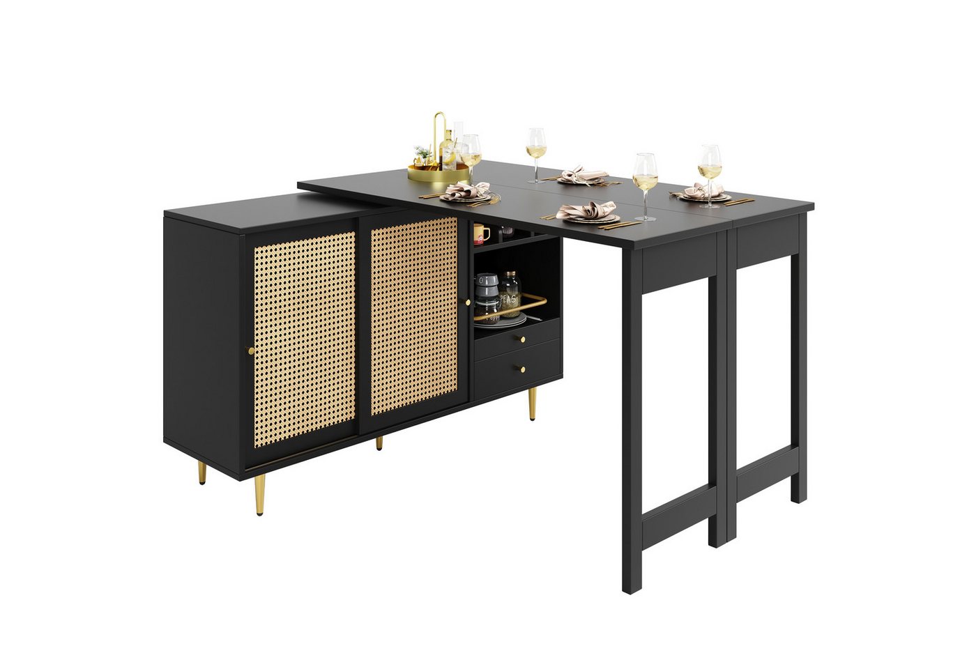 TavilaEcon Stehtisch Um 360° drehbarer Stehtisch, mit Rattantür + offenes Lagerregal (Hauptkörper: 107 x 40 x 71,4 cm), mit erweiterbarem Design, schwarz von TavilaEcon