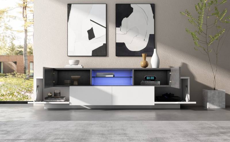 TavilaEcon TV-Schrank LED TV-Kommode, Lowboard mit Glasböden für Wohnzimmer, Schlafzimmer (1-St) hochglänzende weiße Oberfläche mit edler Marmoroptik in Grau von TavilaEcon