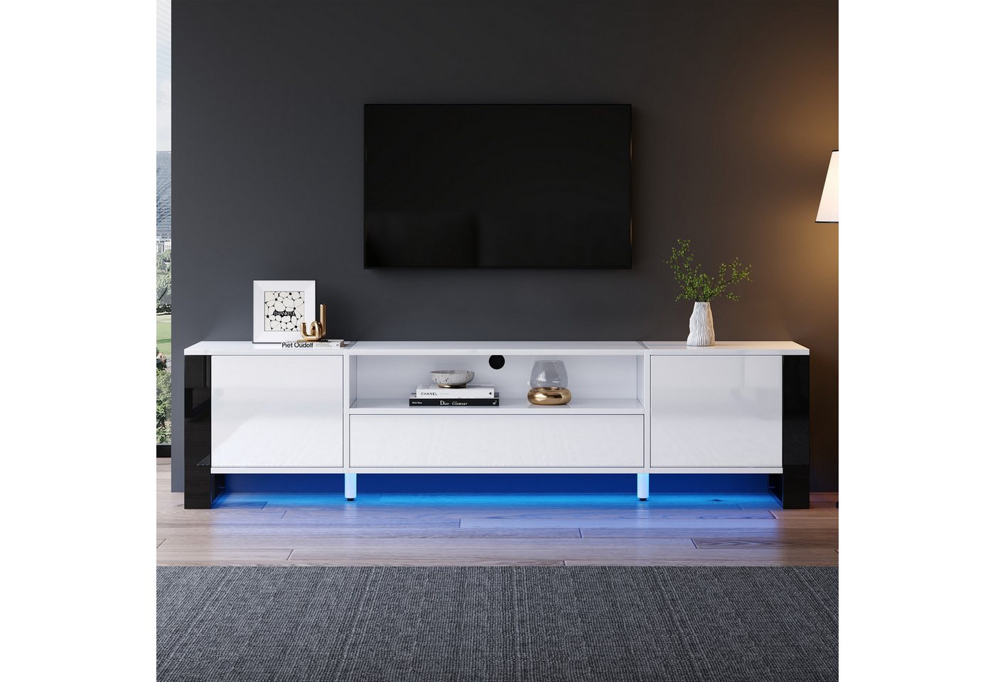 TavilaEcon TV-Schrank Moderner Hochglanz-TV-Schrank in Weiß mit LED-Beleuchtung und Stauraum (1-St) für bis zu 70-Zoll-TVs, 178×40×54cm von TavilaEcon