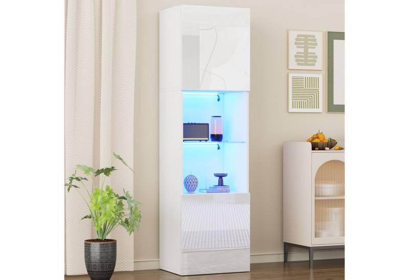 TavilaEcon Standvitrine Hochglanz Hochschrank mit LED-Beleuchtung, 1 Glasböde Lagerschrank, Transparente Paneeleund F¤cher,45*35*160 cm, weiß von TavilaEcon