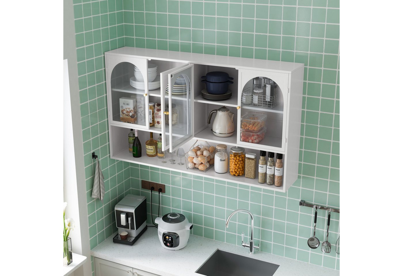 TavilaEcon Wandhängeschrank 120 cm großer Wandschrank aus Glas mit vier Türen, 1-tlg., geeignet für Küche, Wohnzimmer, Badezimmer von TavilaEcon