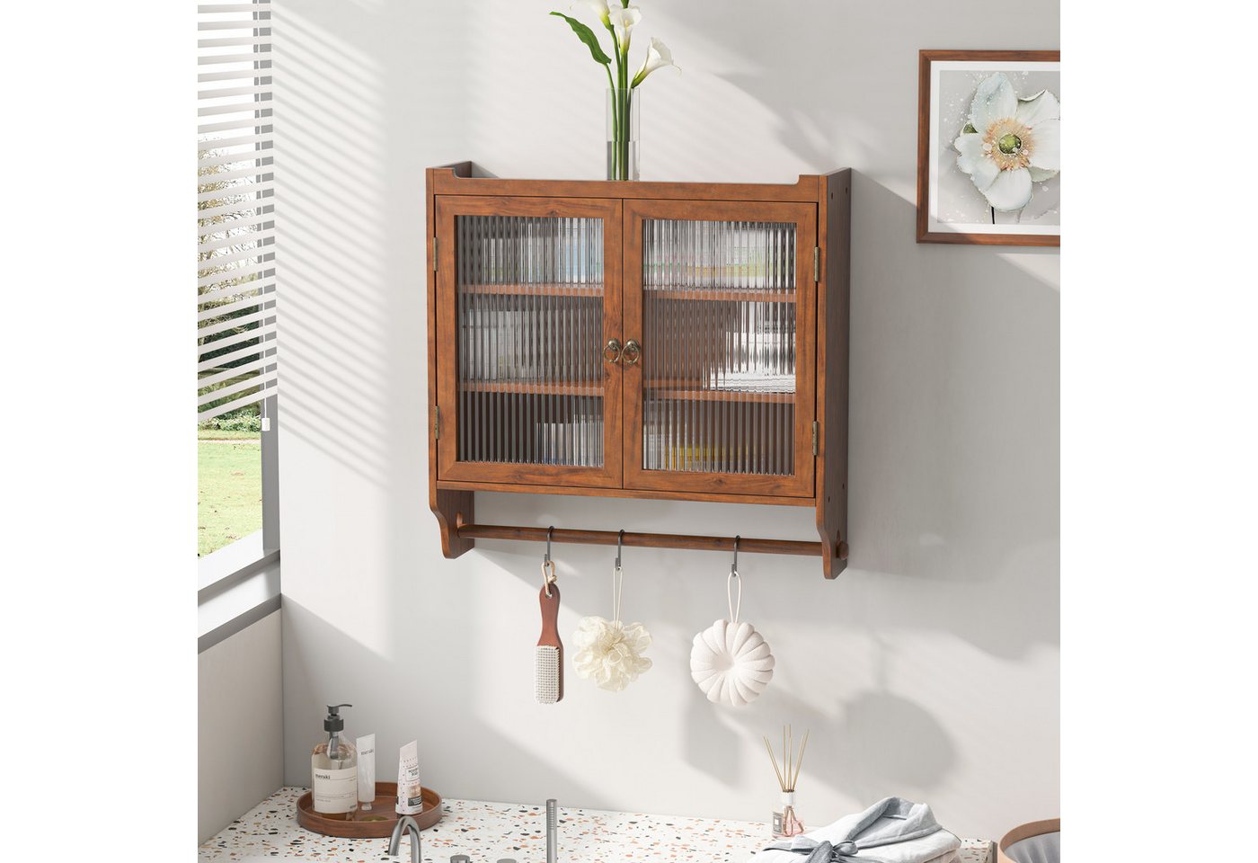 TavilaEcon Wandhängeschrank 60 cm großer Vintage-Wandschrank mit zwei Glastüren, 1-tlg., drei Ablageebenen mit Handtuchhalter, 63×60×18cm TavilaEcon Wandhängeschrank 60 cm großer Vintage-Wandschrank mit zwei Glastüren, 1-tlg., drei Ablageebenen mit Handtuchhalter, 63×60×18cm von TavilaEcon