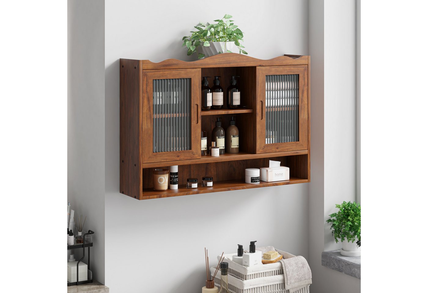 TavilaEcon Wandhängeschrank mit Glastüren & beweglichem Regal für Küche & Badezimmer, retro, 2 Schiebtüren, 90×20×60cm, Braun von TavilaEcon