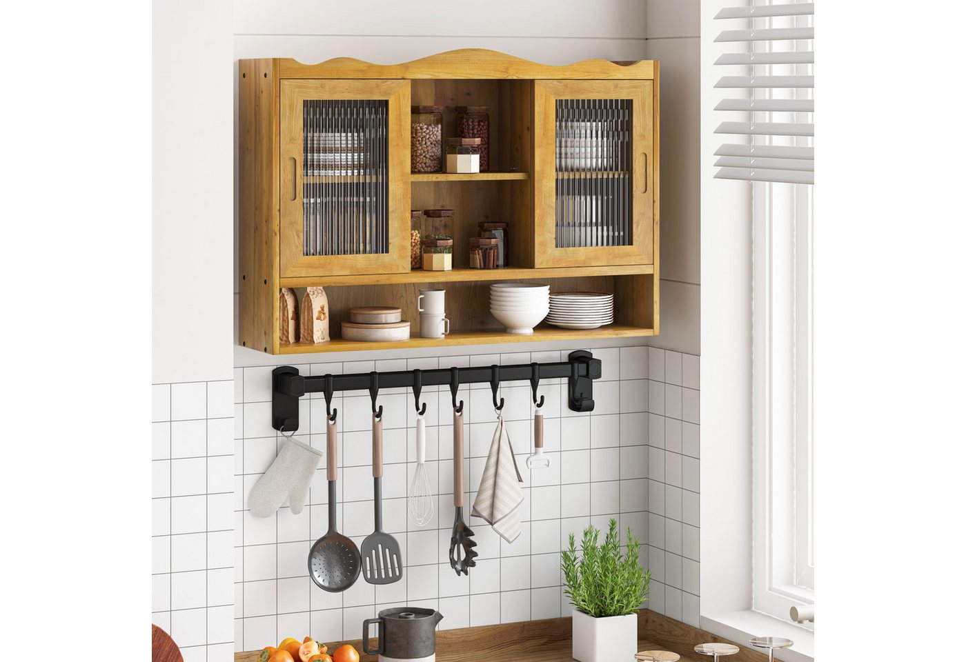TavilaEcon Wandhängeschrank mit Glastüren & beweglichem Regal für Küche & Badezimmer, retro, 2 Schiebtüren, 90×20×60cm, Natur von TavilaEcon