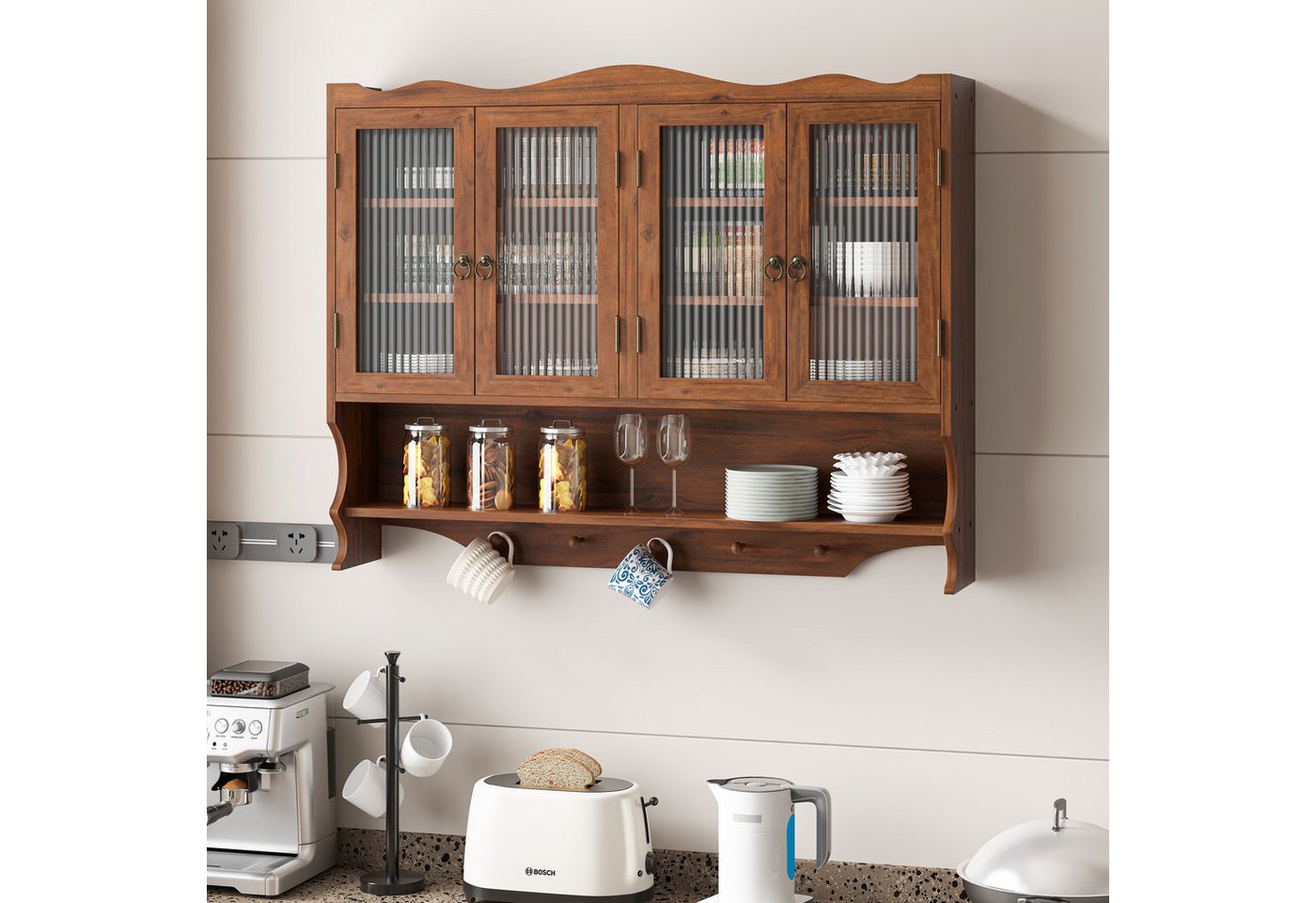 TavilaEcon Wandhängeschrank mit Glastüren & beweglichem Regal für Küche & Badezimmer, retro, 4 Drehtüren & 5 Haken, 100×20×80cm, Braun von TavilaEcon