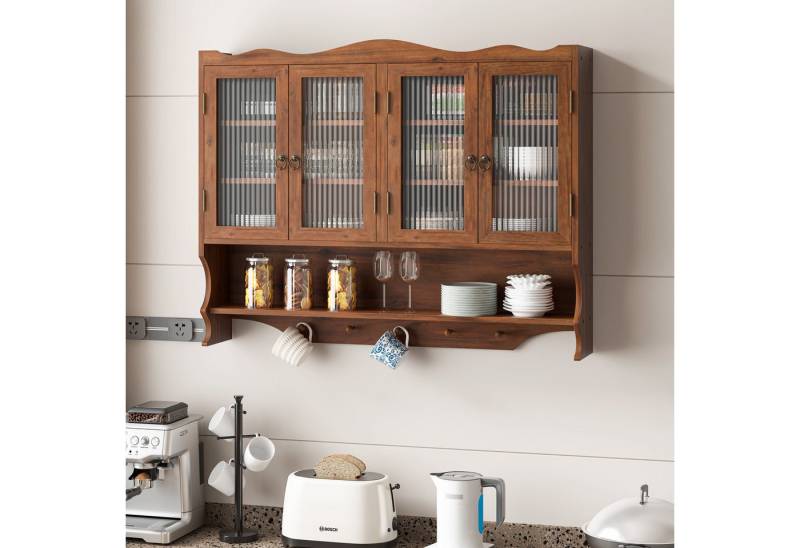 TavilaEcon Wandhängeschrank mit Glastüren & beweglichem Regal für Küche & Badezimmer, retro, 4 Drehtüren & 5 Haken, 100×20×80cm, Braun von TavilaEcon
