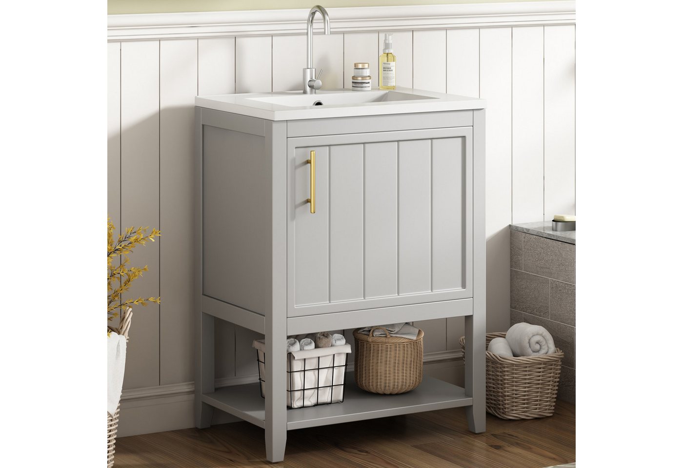 TavilaEcon Waschtisch Badmöbel, Einzelwaschtisch mit Keramikwaschbecken & Ablage, Waschtischunterschrank mit Ablage, wasserdichtem und abriebfestem TavilaEcon Waschtisch Badmöbel, Einzelwaschtisch mit Keramikwaschbecken & Ablage, Waschtischunterschrank mit Ablage, wasserdichtem und abriebfestem von TavilaEcon