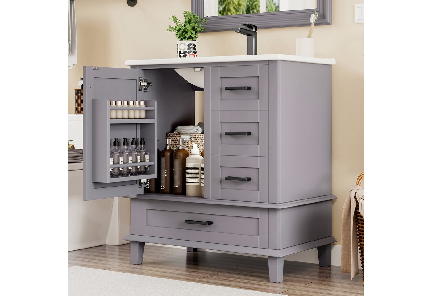 TavilaEcon Waschtisch Bodenstehender Badezimmerschrank mit integriertem Keramikwaschbecken, komplett lackiert, mit 4 Schubladen und 1 Tür, 76×46×83.5cm TavilaEcon Waschtisch Bodenstehender Badezimmerschrank mit integriertem Keramikwaschbecken, komplett lackiert, mit 4 Schubladen und 1 Tür, 76×46×83.5cm von TavilaEcon