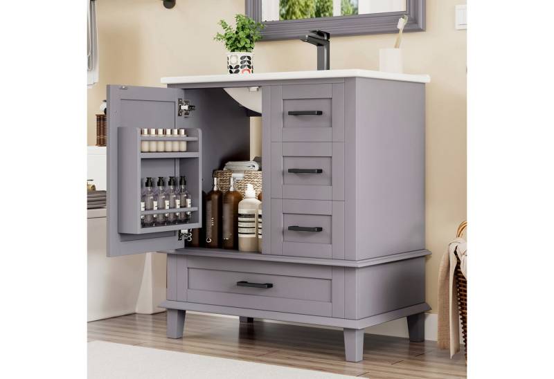 TavilaEcon Waschtisch Bodenstehender Badezimmerschrank mit integriertem Keramikwaschbecken, komplett lackiert, mit 4 Schubladen und 1 Tür, 76×46×83.5cm TavilaEcon Waschtisch Bodenstehender Badezimmerschrank mit integriertem Keramikwaschbecken, komplett lackiert, mit 4 Schubladen und 1 Tür, 76×46×83.5cm von TavilaEcon