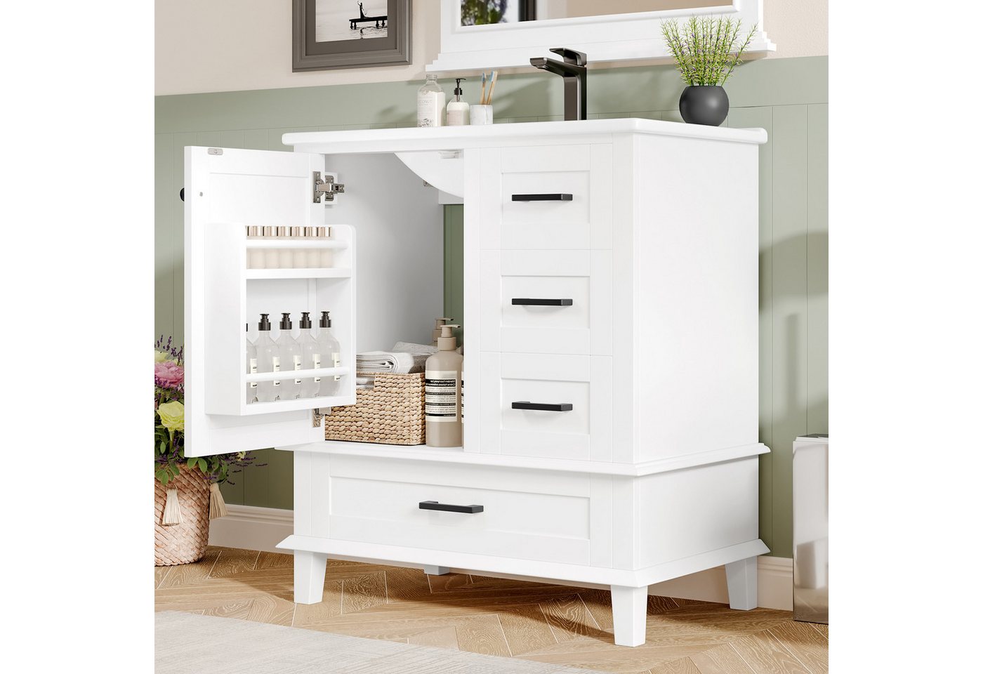 TavilaEcon Waschtisch Bodenstehender Badezimmerschrank mit integriertem Keramikwaschbecken, komplett lackiert, mit 4 Schubladen und 1 Tür, 76×46×83.5cm TavilaEcon Waschtisch Bodenstehender Badezimmerschrank mit integriertem Keramikwaschbecken, komplett lackiert, mit 4 Schubladen und 1 Tür, 76×46×83.5cm von TavilaEcon