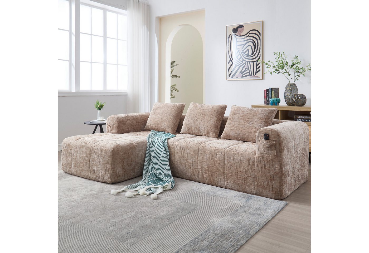 TavilaEcon Wohnlandschaft Chenille-Sofa, modernes Sektionssofa, L-Sofa, 3-Sitzer-Sofa, 1 Teile, mit Seitentasche, Armlehnen und 3 Kissen von TavilaEcon