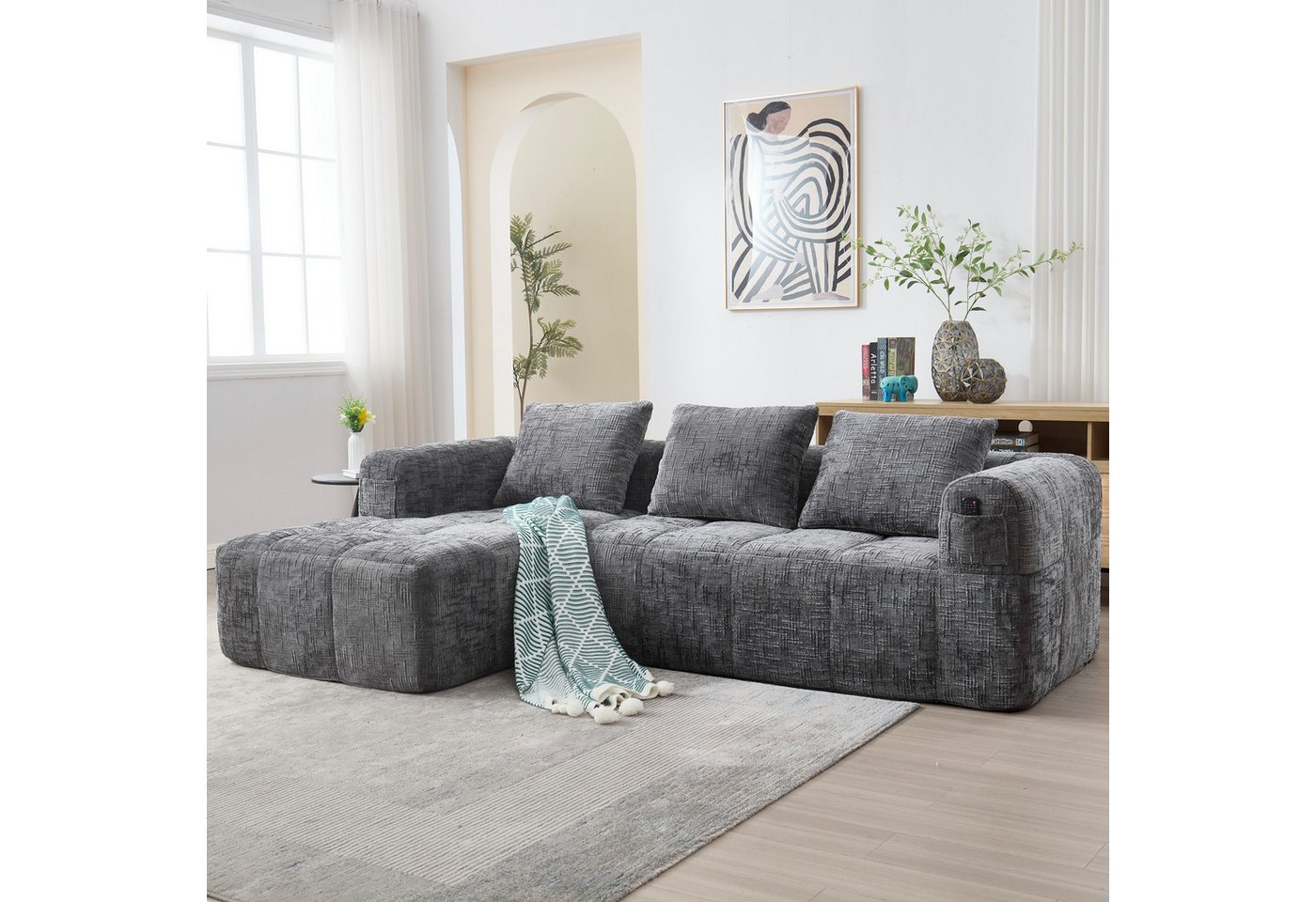 TavilaEcon Wohnlandschaft Chenille-Sofa, modernes Sektionssofa, L-Sofa, 3-Sitzer-Sofa, 1 Teile, mit Seitentasche, Armlehnen und 3 Kissen von TavilaEcon