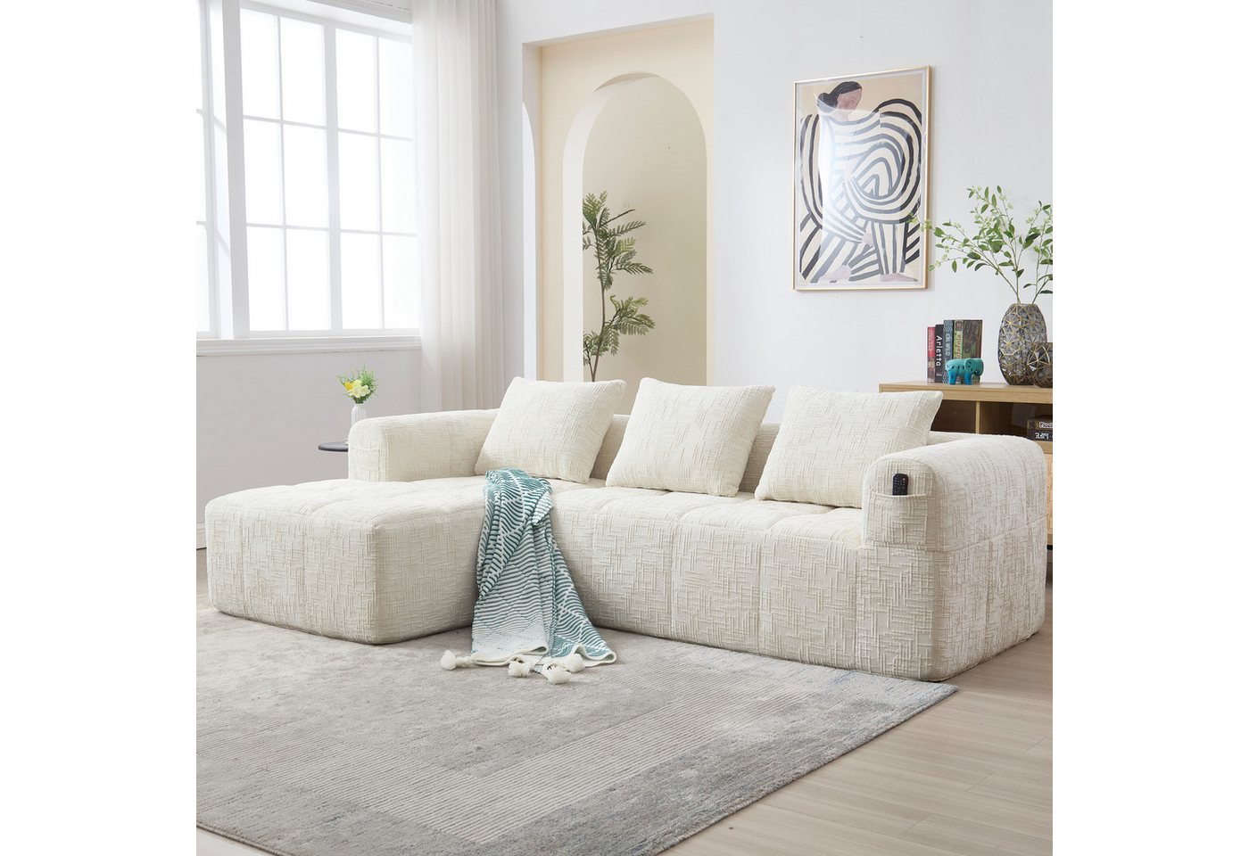 TavilaEcon Wohnlandschaft Chenille-Sofa, modernes Sektionssofa, L-Sofa, 3-Sitzer-Sofa, 1 Teile, mit Seitentasche, Armlehnen und 3 Kissen von TavilaEcon