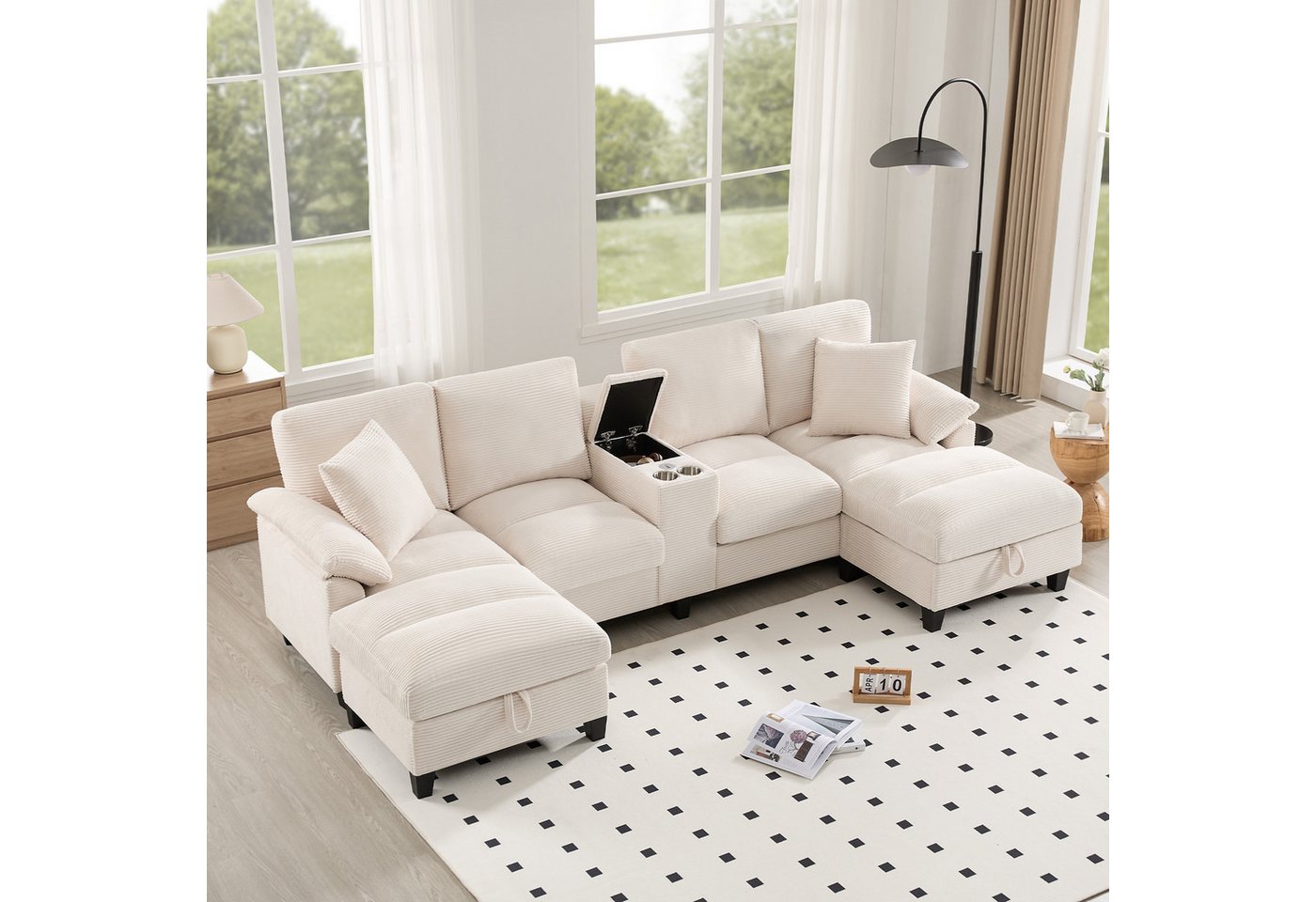 TavilaEcon Wohnlandschaft Geräumiges 4-Sitzer-Sofa in U-Form mit Stauraum und Kissen, 1 Teile, mit zwei USB-Anschlüssen, 293×142×93cm, beige von TavilaEcon