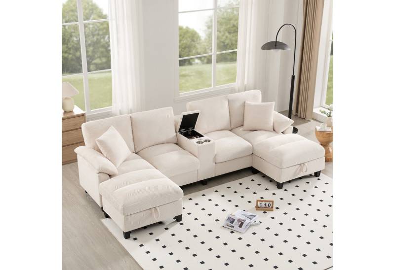 TavilaEcon Wohnlandschaft Geräumiges 4-Sitzer-Sofa in U-Form mit Stauraum und Kissen, 1 Teile, mit zwei USB-Anschlüssen, 293×142×93cm, beige von TavilaEcon