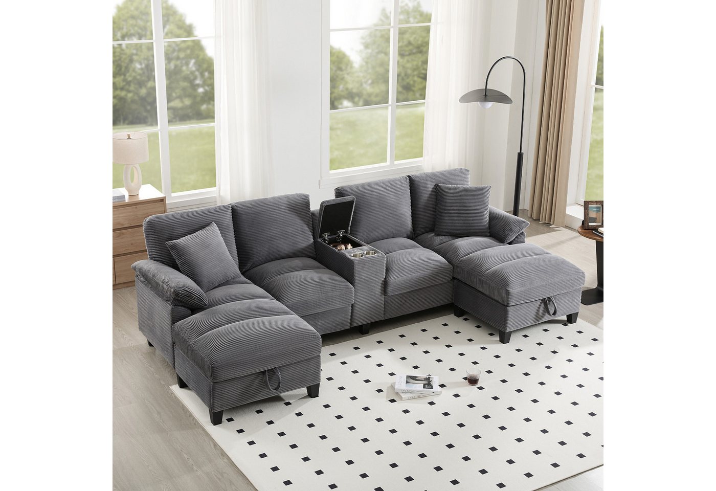 TavilaEcon Wohnlandschaft Geräumiges 4-Sitzer-Sofa in U-Form mit Stauraum und Kissen, 1 Teile, mit zwei USB-Anschlüssen, 293×142×93cm, grau von TavilaEcon
