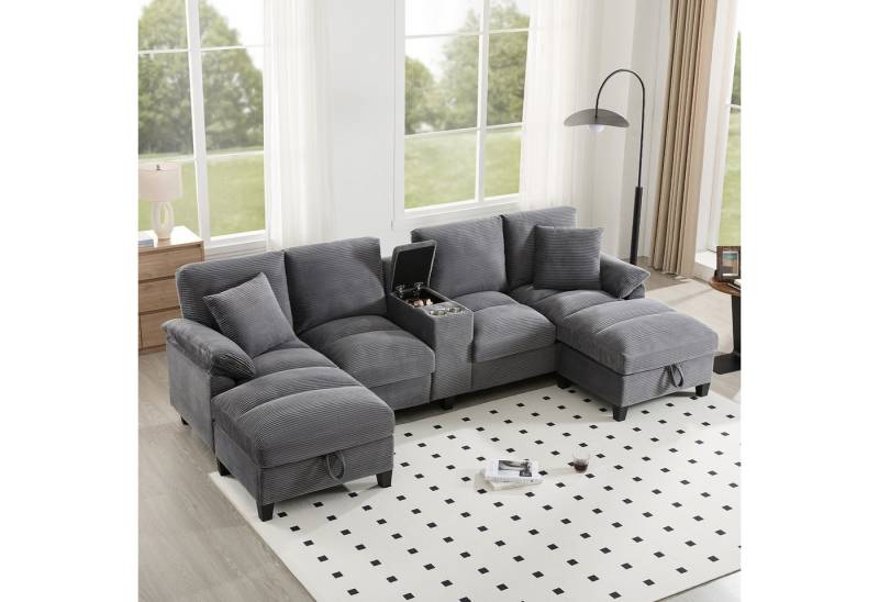 TavilaEcon Wohnlandschaft Geräumiges 4-Sitzer-Sofa in U-Form mit Stauraum und Kissen, 1 Teile, mit zwei USB-Anschlüssen, 293×142×93cm, grau von TavilaEcon