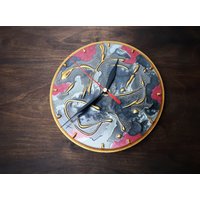 Abstrakte Kunst Kleine Wanduhr Rot Schwarz Silber Gold Drachenhaut Effektfarbe Geschenk Für Ihn Ihre Handgemaltes Original Glänzend Geek Junge von TawnyOwlHollow