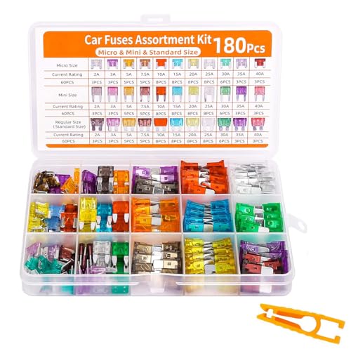 180Pcs Auto Sicherung Set, Standard, Micro, Mini mit 1 Fuse Puller,Stecksicherungen Sicherung - für Auto Wohnmobil PKW LKW Motorrad (2A 3A 5A 7.5A 10A 15A 20A 25A 30A 35A 40A ATC/ATO) von Tawveml