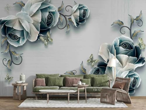 3D Photo Wallpaper Blaue Rose mit Blumenmuster, 300 x 210 cm Wall Decoration Art Print Wallpaper Fototapete 3D Effekt Tapeten Wohnzimmer Muster Tapete Muster Wandtapete von Taxpy