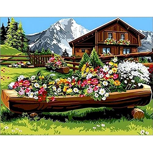 Bild Nach Zahlen Für Erwachsene, Blumenhaus In Berglandschaft, Handgefertigt, Ohne Rahmen, 40 X 50 Cm Digitales Ölgemälde Diy Gemälde Wohnzimmer Dekoration Gemälde Handgemaltes Ölgemälde Handgemacht von Taxpy