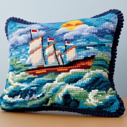 Diy Knüpfkissen Set Meer Segelboot Haken Verschluss Kit Kissenbezug Teppich Bedrucktes Kissen H?kelgarn Stickerei Dekoration 17X17In B von Taxpy