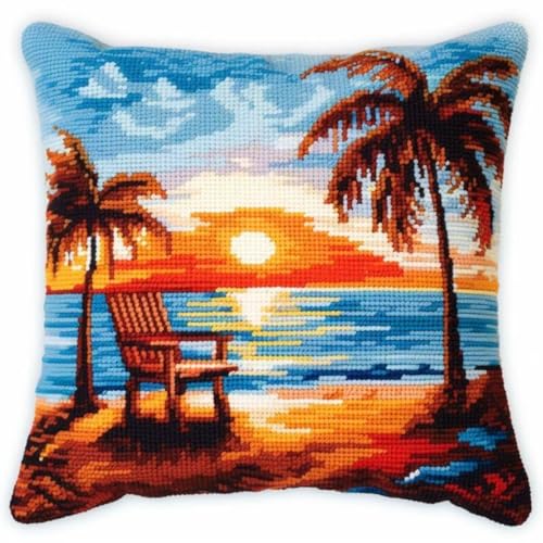 Taxpy Diy Knüpfen Set Anf?nger Sonnenuntergang Am Meer Kreuzstich Sofakissenbezug Mit Riegelhaken Werkzeug Für Kinder Und Erwachsene 17X17In B von Taxpy