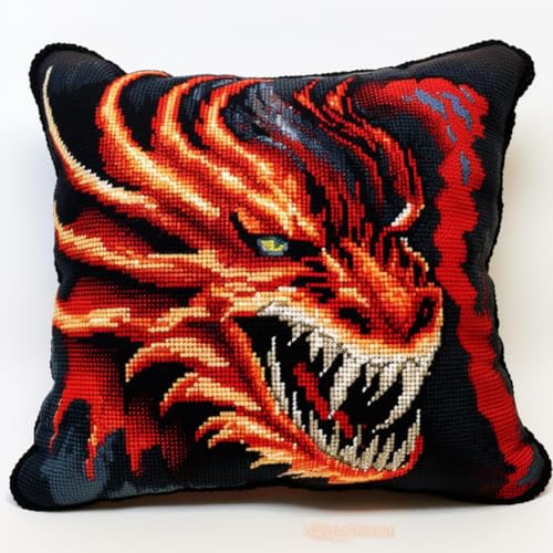 Taxpy Diy Knüpfkissen Mit Vordruck Fantasy Drache Geh?keltes Geschenk Tier Kreuzstich Sofa Kissenbezug Werkzeug Für Kinder Und Erwachsene 17X17In B von Taxpy